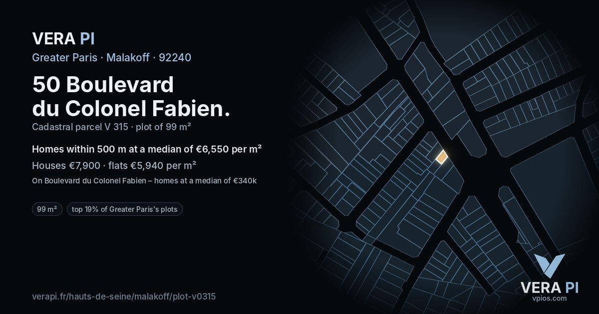 50 Boulevard du Colonel Fabien, Malakoff at night – the plot lit, the parcels around coloured by the prices near them