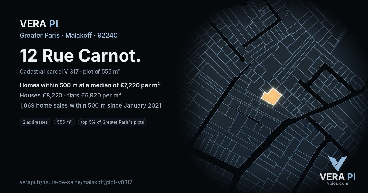 12 Rue Carnot, Malakoff at night – the plot lit, the parcels around coloured by the prices near them