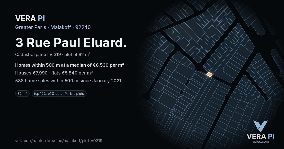 3 Rue Paul Eluard, Malakoff at night – the plot lit, the parcels around coloured by the prices near them