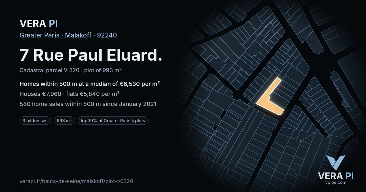 7 Rue Paul Eluard, Malakoff at night – the plot lit, the parcels around coloured by the prices near them