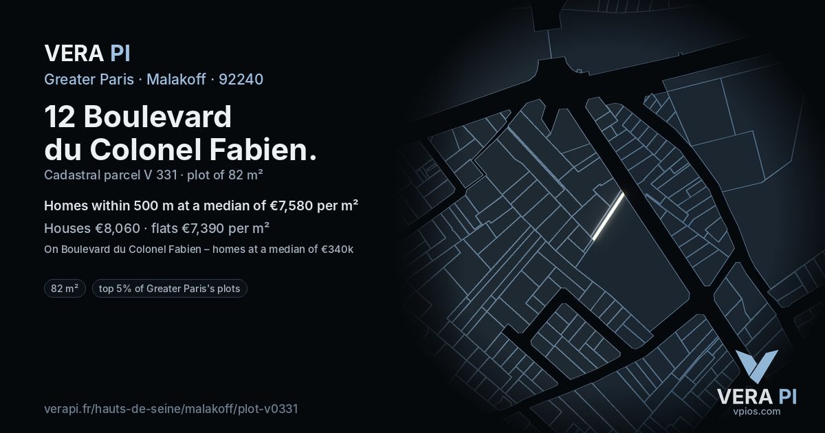 12 Boulevard du Colonel Fabien, Malakoff at night – the plot lit, the parcels around coloured by the prices near them