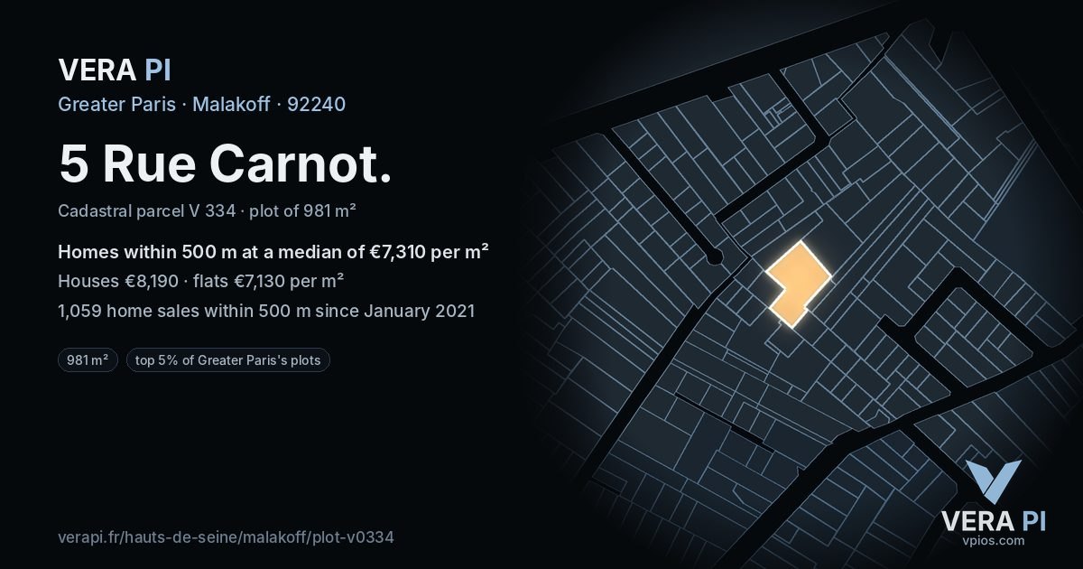 5 Rue Carnot, Malakoff at night – the plot lit, the parcels around coloured by the prices near them