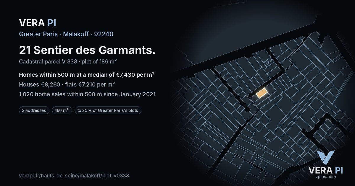 21 Sentier des Garmants, Malakoff at night – the plot lit, the parcels around coloured by the prices near them