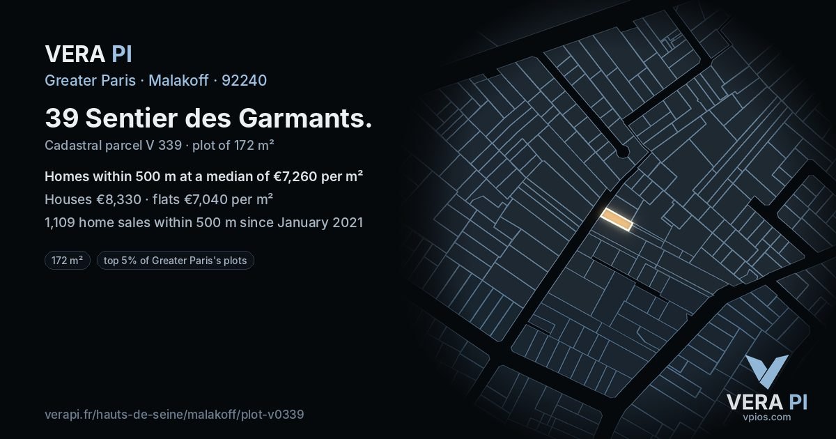 39 Sentier des Garmants, Malakoff at night – the plot lit, the parcels around coloured by the prices near them