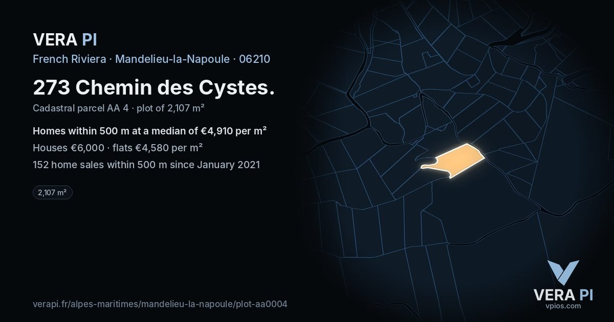 273 Chemin des Cystes, Mandelieu-la-Napoule at night – the plot lit, the parcels around coloured by the prices near them