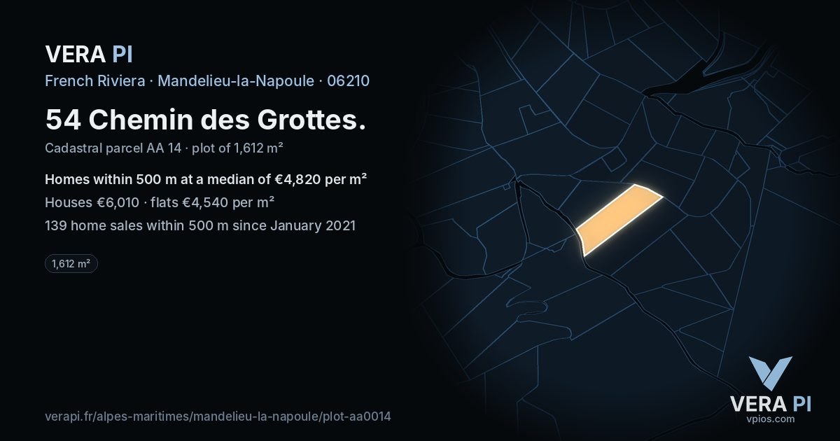 54 Chemin des Grottes, Mandelieu-la-Napoule at night – the plot lit, the parcels around coloured by the prices near them