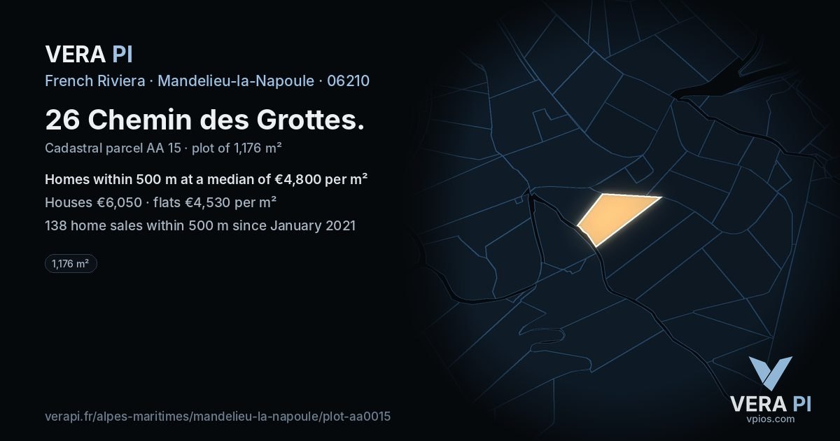 26 Chemin des Grottes, Mandelieu-la-Napoule at night – the plot lit, the parcels around coloured by the prices near them