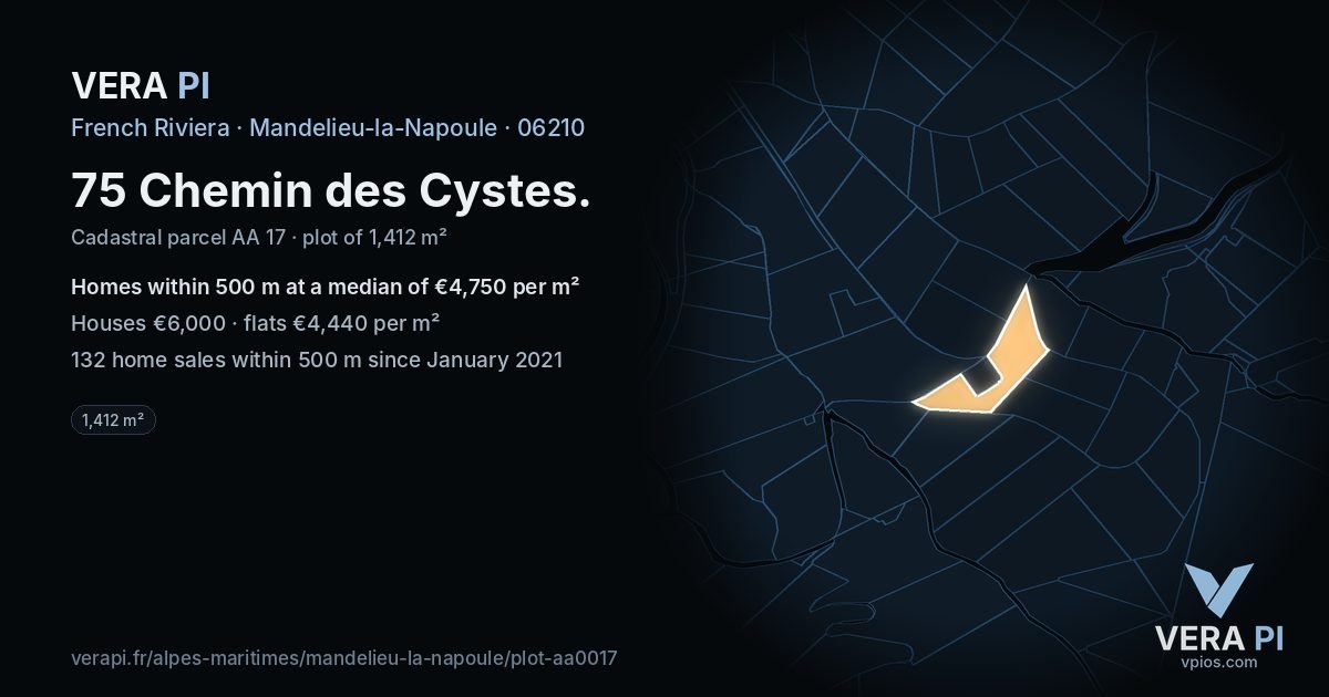 75 Chemin des Cystes, Mandelieu-la-Napoule at night – the plot lit, the parcels around coloured by the prices near them