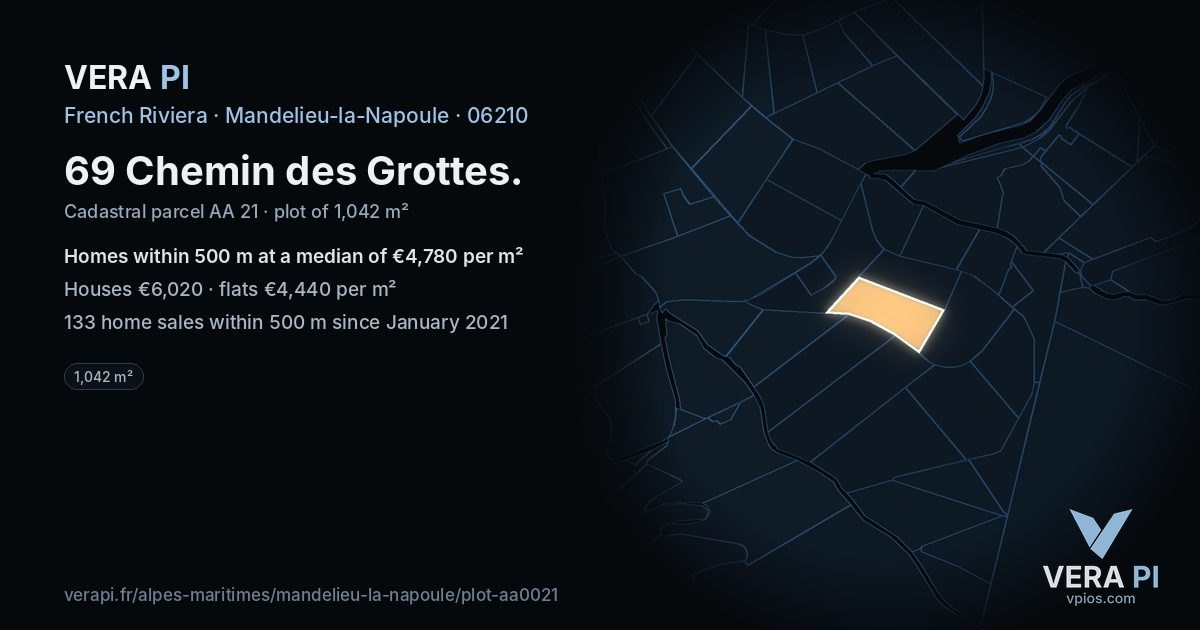 69 Chemin des Grottes, Mandelieu-la-Napoule at night – the plot lit, the parcels around coloured by the prices near them