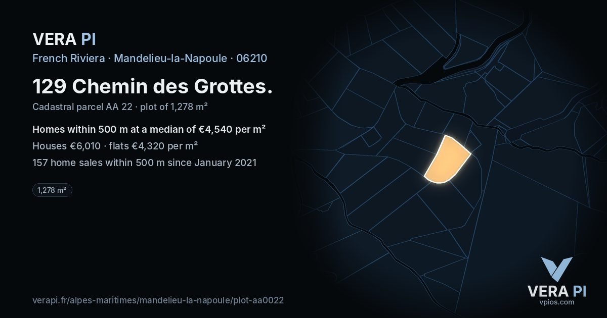 129 Chemin des Grottes, Mandelieu-la-Napoule at night – the plot lit, the parcels around coloured by the prices near them