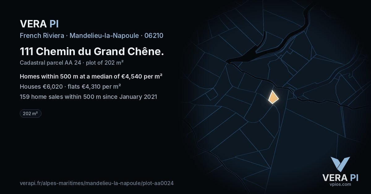 111 Chemin du Grand Chêne, Mandelieu-la-Napoule at night – the plot lit, the parcels around coloured by the prices near them