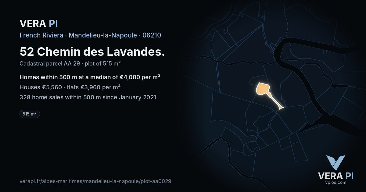 52 Chemin des Lavandes, Mandelieu-la-Napoule at night – the plot lit, the parcels around coloured by the prices near them