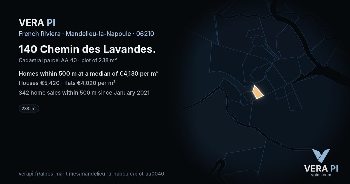 140 Chemin des Lavandes, Mandelieu-la-Napoule at night – the plot lit, the parcels around coloured by the prices near them