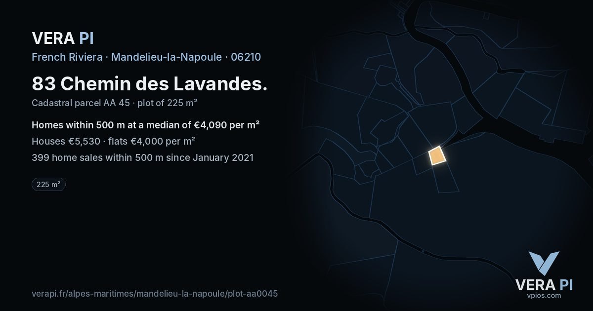 83 Chemin des Lavandes, Mandelieu-la-Napoule at night – the plot lit, the parcels around coloured by the prices near them