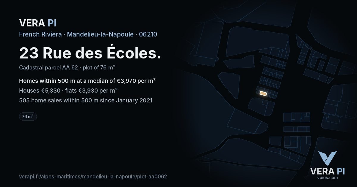 23 Rue des Écoles, Mandelieu-la-Napoule at night – the plot lit, the parcels around coloured by the prices near them