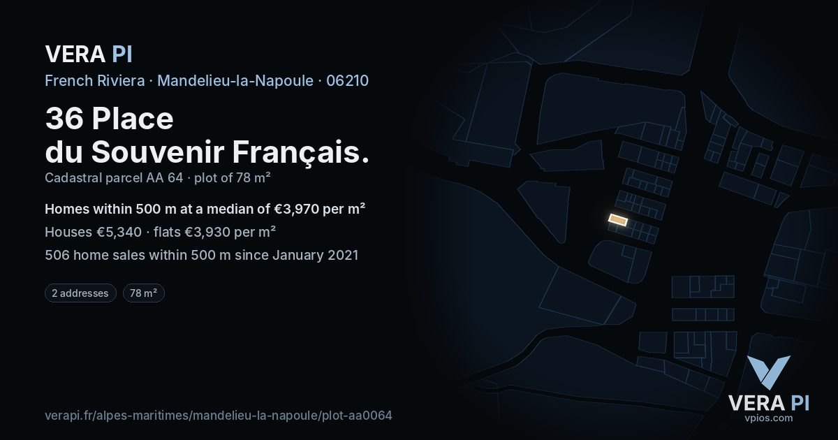 36 Place du Souvenir Français, Mandelieu-la-Napoule at night – the plot lit, the parcels around coloured by the prices near them