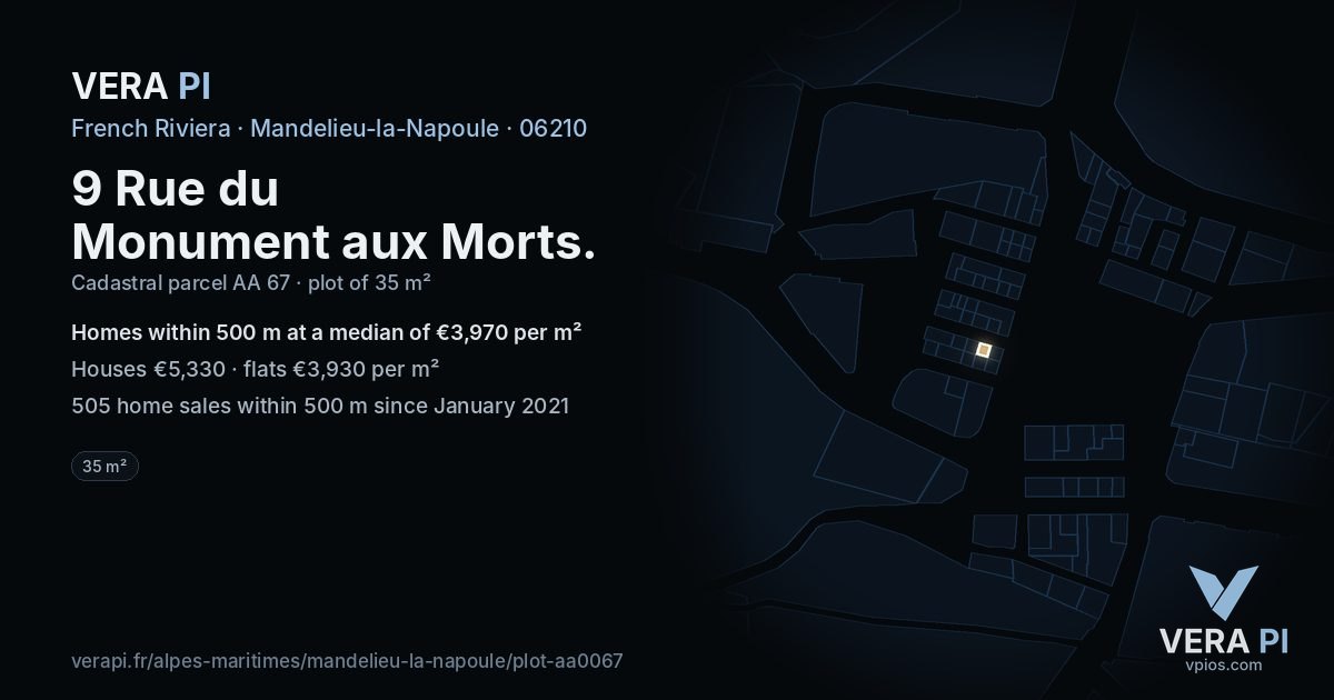 9 Rue du Monument aux Morts, Mandelieu-la-Napoule at night – the plot lit, the parcels around coloured by the prices near them