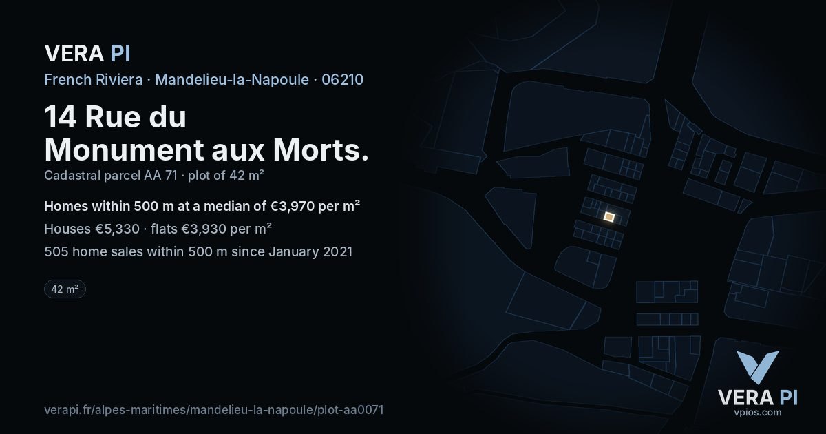 14 Rue du Monument aux Morts, Mandelieu-la-Napoule at night – the plot lit, the parcels around coloured by the prices near them