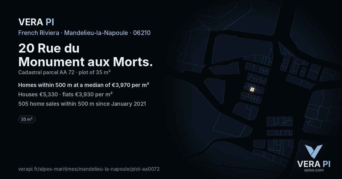 20 Rue du Monument aux Morts, Mandelieu-la-Napoule at night – the plot lit, the parcels around coloured by the prices near them