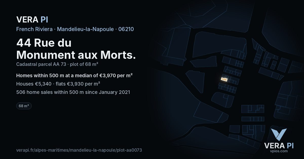 44 Rue du Monument aux Morts, Mandelieu-la-Napoule at night – the plot lit, the parcels around coloured by the prices near them