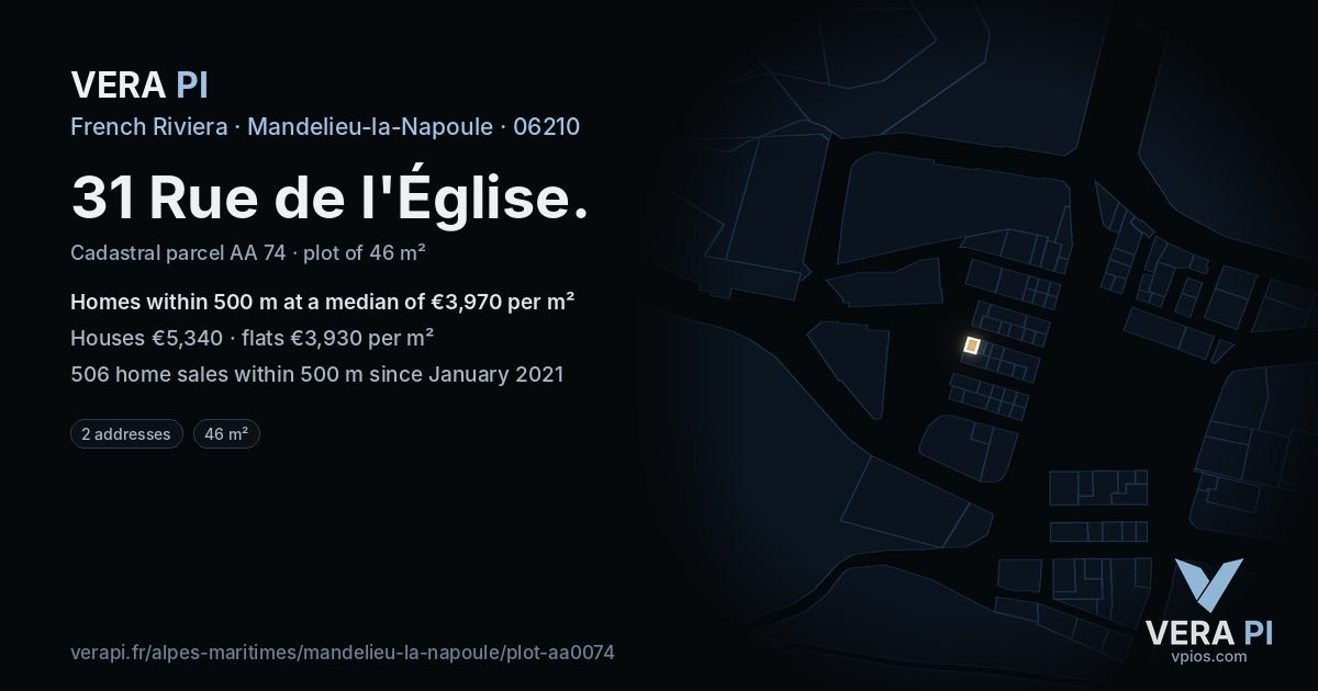 31 Rue de l'Église, Mandelieu-la-Napoule at night – the plot lit, the parcels around coloured by the prices near them