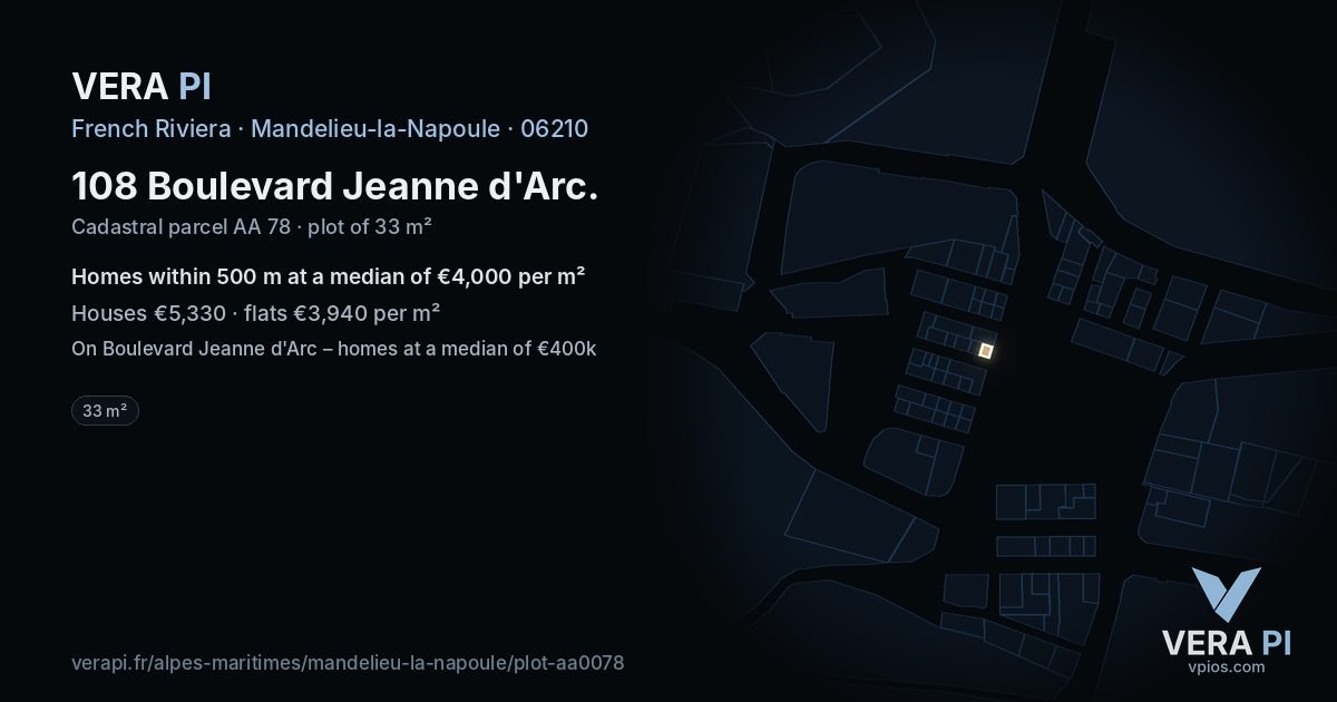 108 Boulevard Jeanne d'Arc, Mandelieu-la-Napoule at night – the plot lit, the parcels around coloured by the prices near them