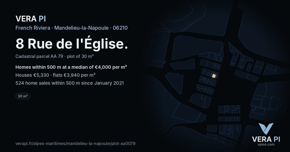 8 Rue de l'Église, Mandelieu-la-Napoule at night – the plot lit, the parcels around coloured by the prices near them