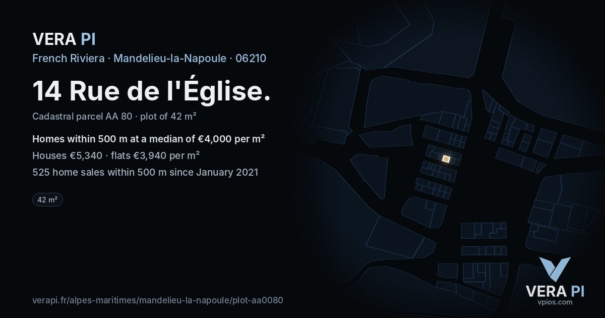 14 Rue de l'Église, Mandelieu-la-Napoule at night – the plot lit, the parcels around coloured by the prices near them