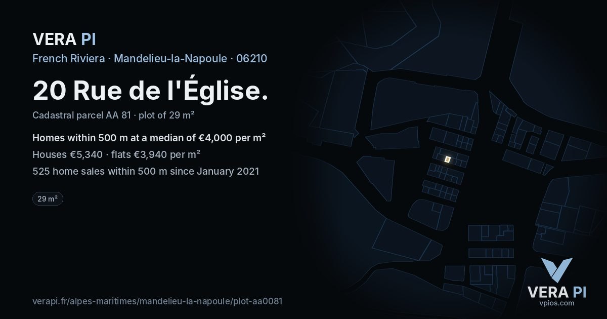 20 Rue de l'Église, Mandelieu-la-Napoule at night – the plot lit, the parcels around coloured by the prices near them