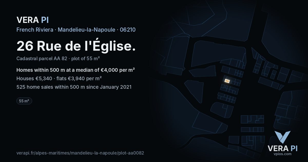 26 Rue de l'Église, Mandelieu-la-Napoule at night – the plot lit, the parcels around coloured by the prices near them