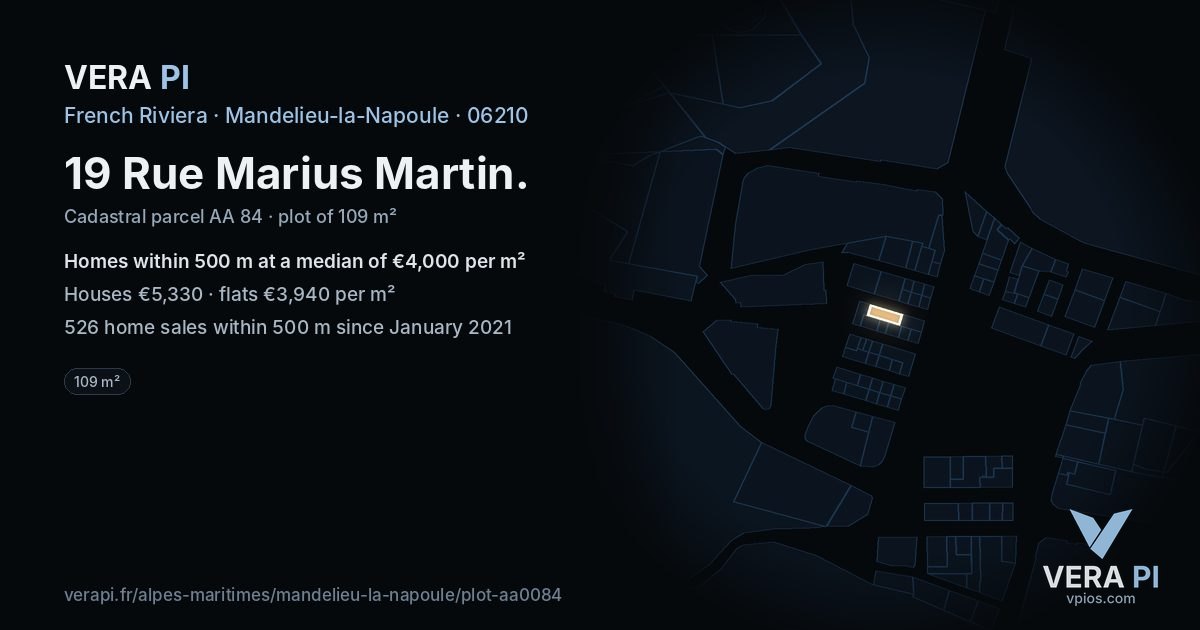 19 Rue Marius Martin, Mandelieu-la-Napoule at night – the plot lit, the parcels around coloured by the prices near them
