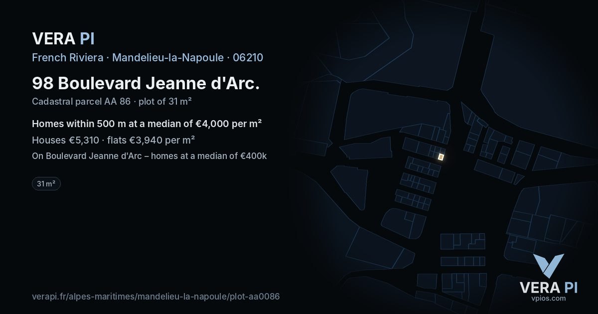 98 Boulevard Jeanne d'Arc, Mandelieu-la-Napoule at night – the plot lit, the parcels around coloured by the prices near them