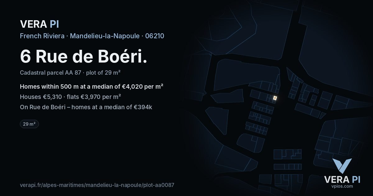 6 Rue de Boéri, Mandelieu-la-Napoule at night – the plot lit, the parcels around coloured by the prices near them