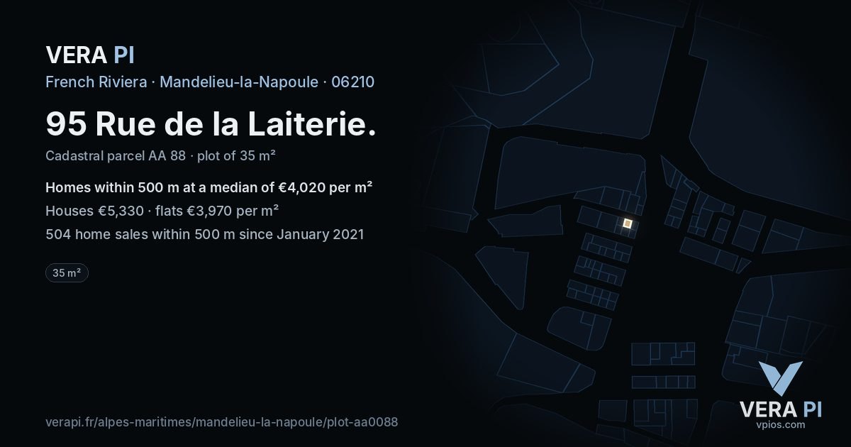 95 Rue de la Laiterie, Mandelieu-la-Napoule at night – the plot lit, the parcels around coloured by the prices near them