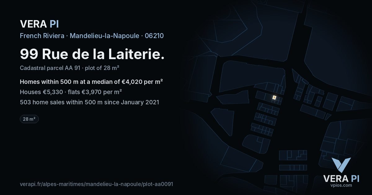 99 Rue de la Laiterie, Mandelieu-la-Napoule at night – the plot lit, the parcels around coloured by the prices near them