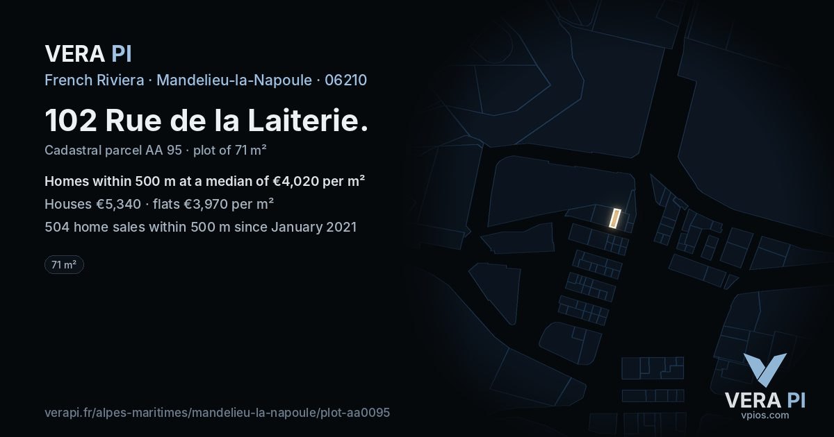 102 Rue de la Laiterie, Mandelieu-la-Napoule at night – the plot lit, the parcels around coloured by the prices near them