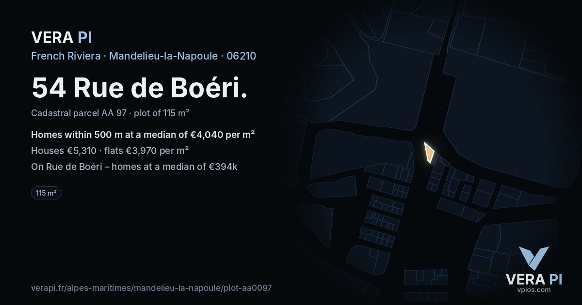 54 Rue de Boéri, Mandelieu-la-Napoule at night – the plot lit, the parcels around coloured by the prices near them