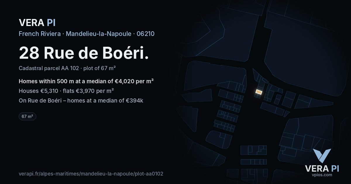 28 Rue de Boéri, Mandelieu-la-Napoule at night – the plot lit, the parcels around coloured by the prices near them