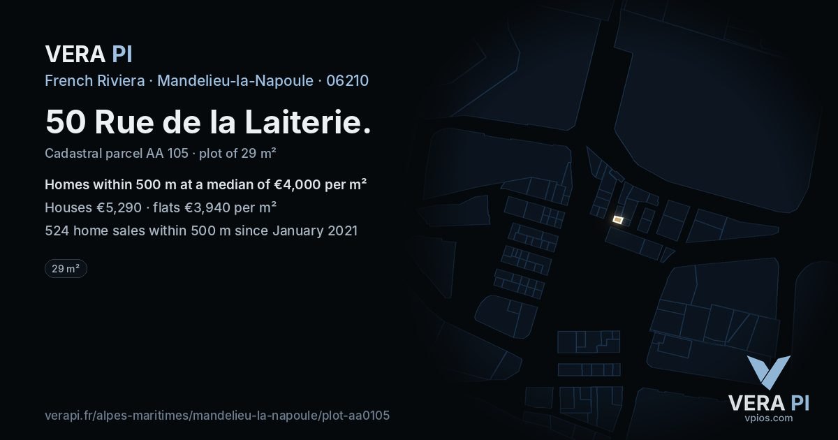 50 Rue de la Laiterie, Mandelieu-la-Napoule at night – the plot lit, the parcels around coloured by the prices near them