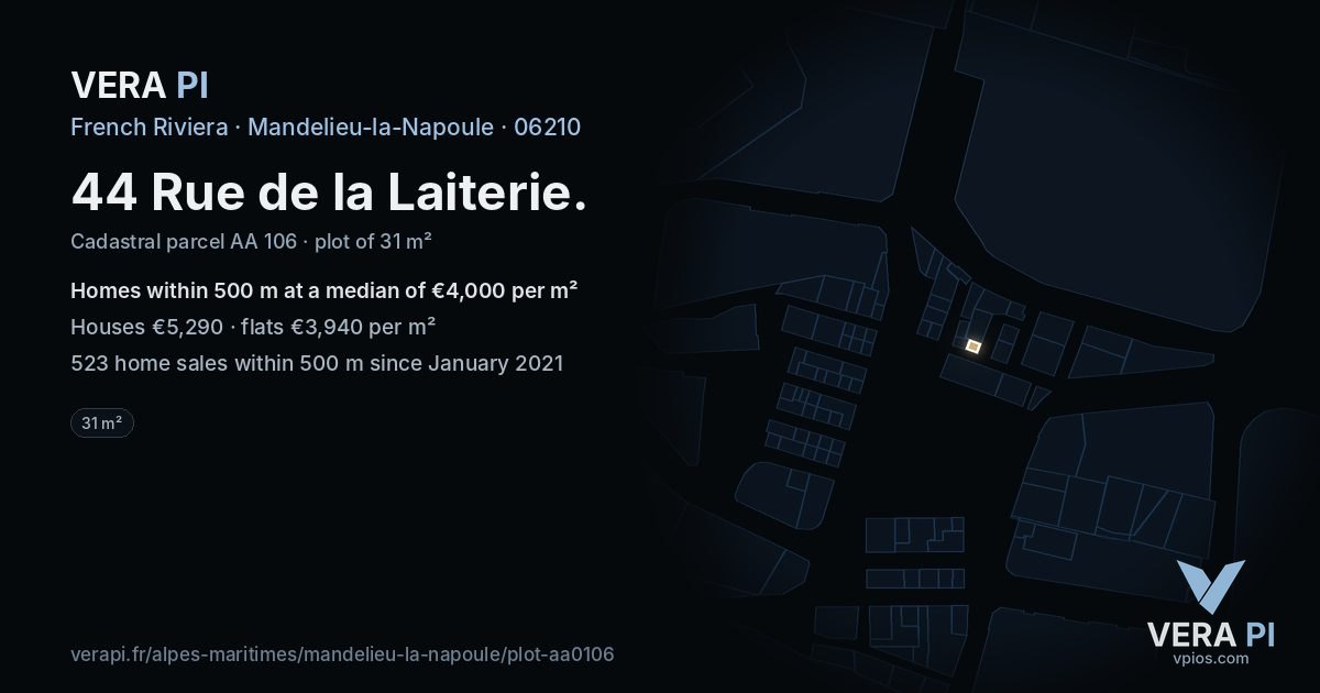 44 Rue de la Laiterie, Mandelieu-la-Napoule at night – the plot lit, the parcels around coloured by the prices near them