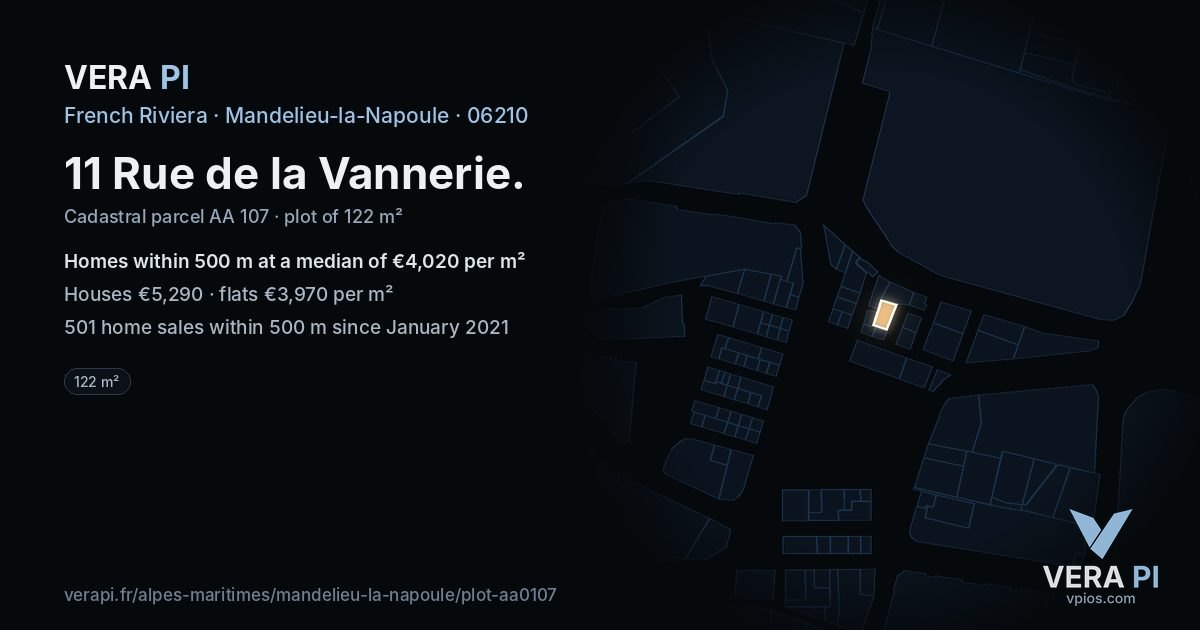11 Rue de la Vannerie, Mandelieu-la-Napoule at night – the plot lit, the parcels around coloured by the prices near them