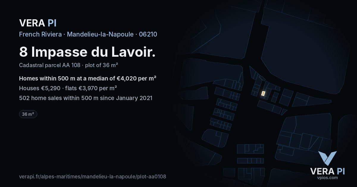 8 Impasse du Lavoir, Mandelieu-la-Napoule at night – the plot lit, the parcels around coloured by the prices near them