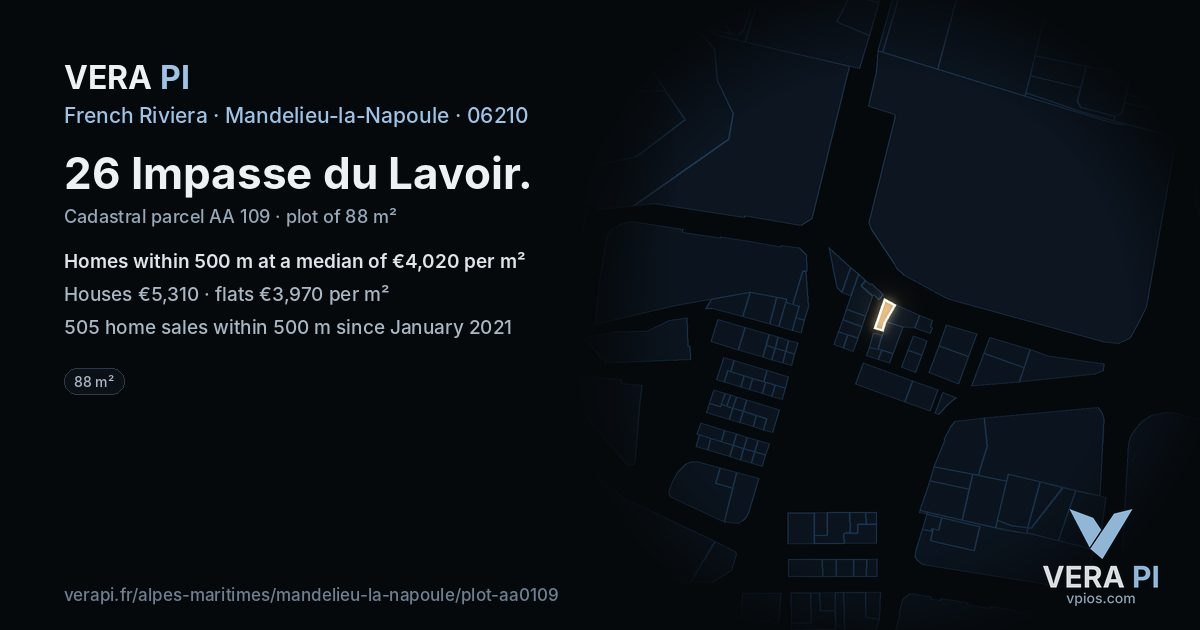26 Impasse du Lavoir, Mandelieu-la-Napoule at night – the plot lit, the parcels around coloured by the prices near them