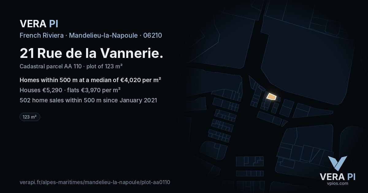 21 Rue de la Vannerie, Mandelieu-la-Napoule at night – the plot lit, the parcels around coloured by the prices near them