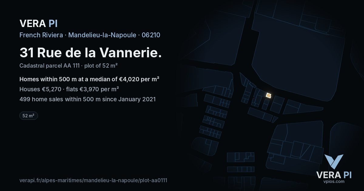31 Rue de la Vannerie, Mandelieu-la-Napoule at night – the plot lit, the parcels around coloured by the prices near them