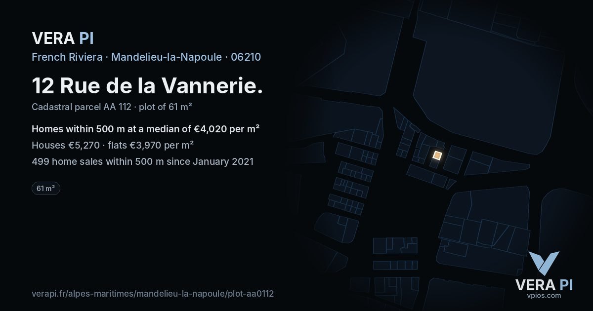 12 Rue de la Vannerie, Mandelieu-la-Napoule at night – the plot lit, the parcels around coloured by the prices near them