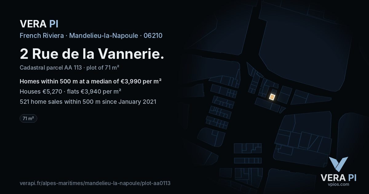 2 Rue de la Vannerie, Mandelieu-la-Napoule at night – the plot lit, the parcels around coloured by the prices near them