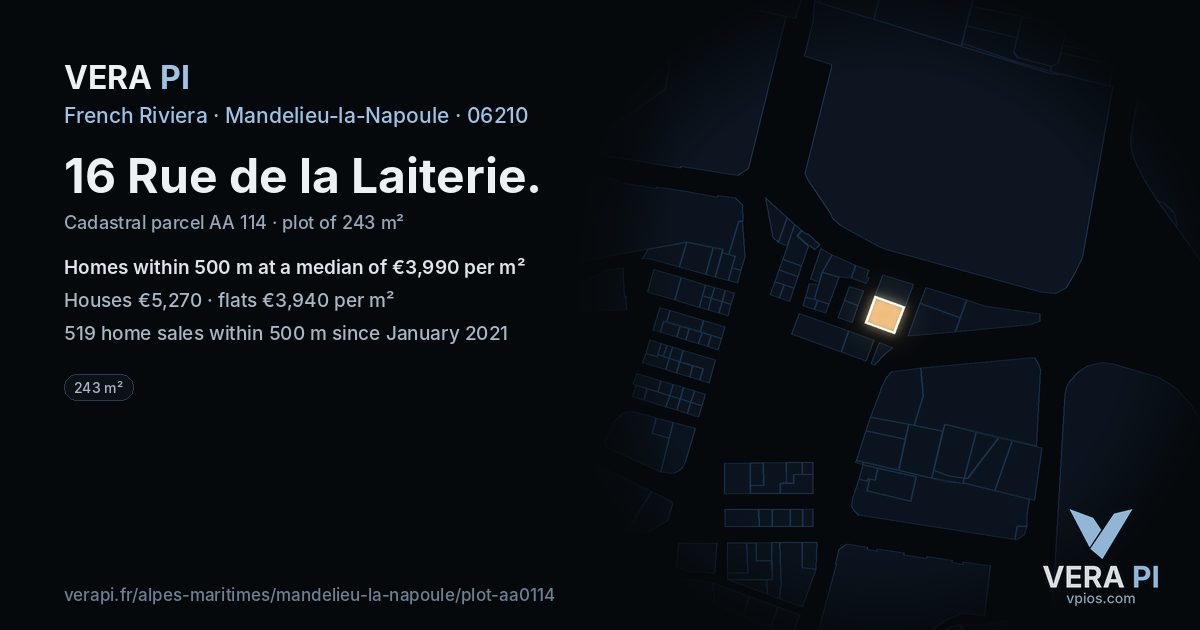 16 Rue de la Laiterie, Mandelieu-la-Napoule at night – the plot lit, the parcels around coloured by the prices near them