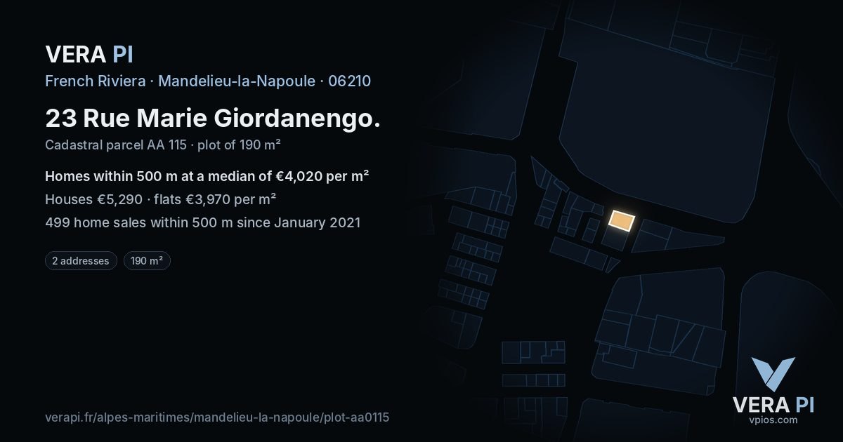 23 Rue Marie Giordanengo, Mandelieu-la-Napoule at night – the plot lit, the parcels around coloured by the prices near them