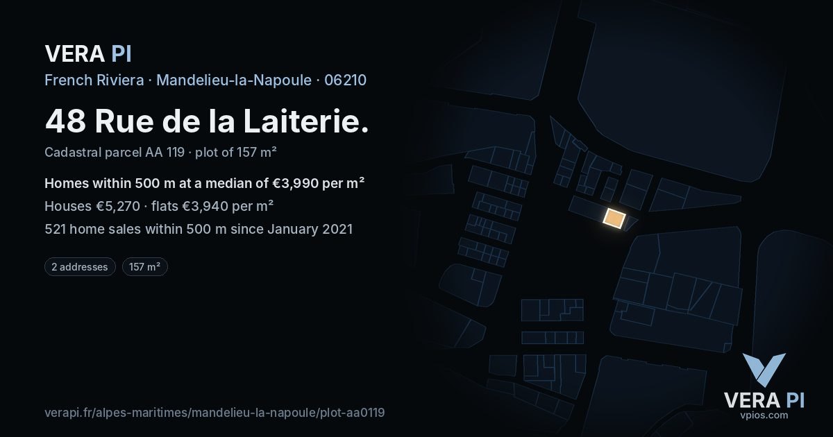 48 Rue de la Laiterie, Mandelieu-la-Napoule at night – the plot lit, the parcels around coloured by the prices near them